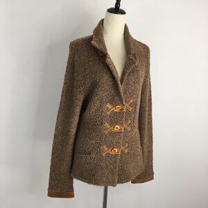 HWR Anthropologie Brown Wool Blend Velvet Trim & Applique Knit Cardigan